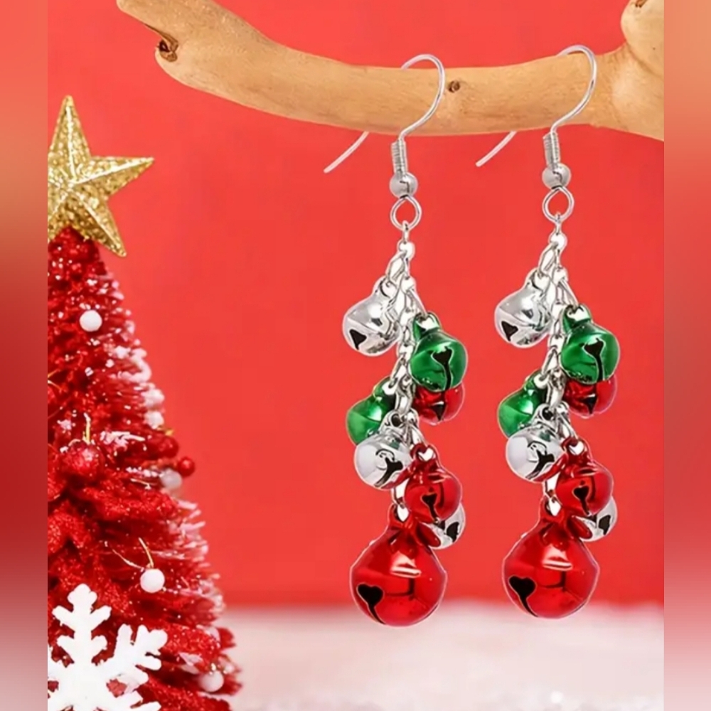 Colorful earrings green red silver bells Festive Christmas Holiday Earrings